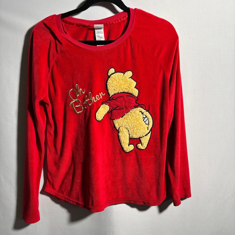 Disney Winnie the Pooh Red Velour Pajama Top Oh Bother Womens M Fuzzy Funny